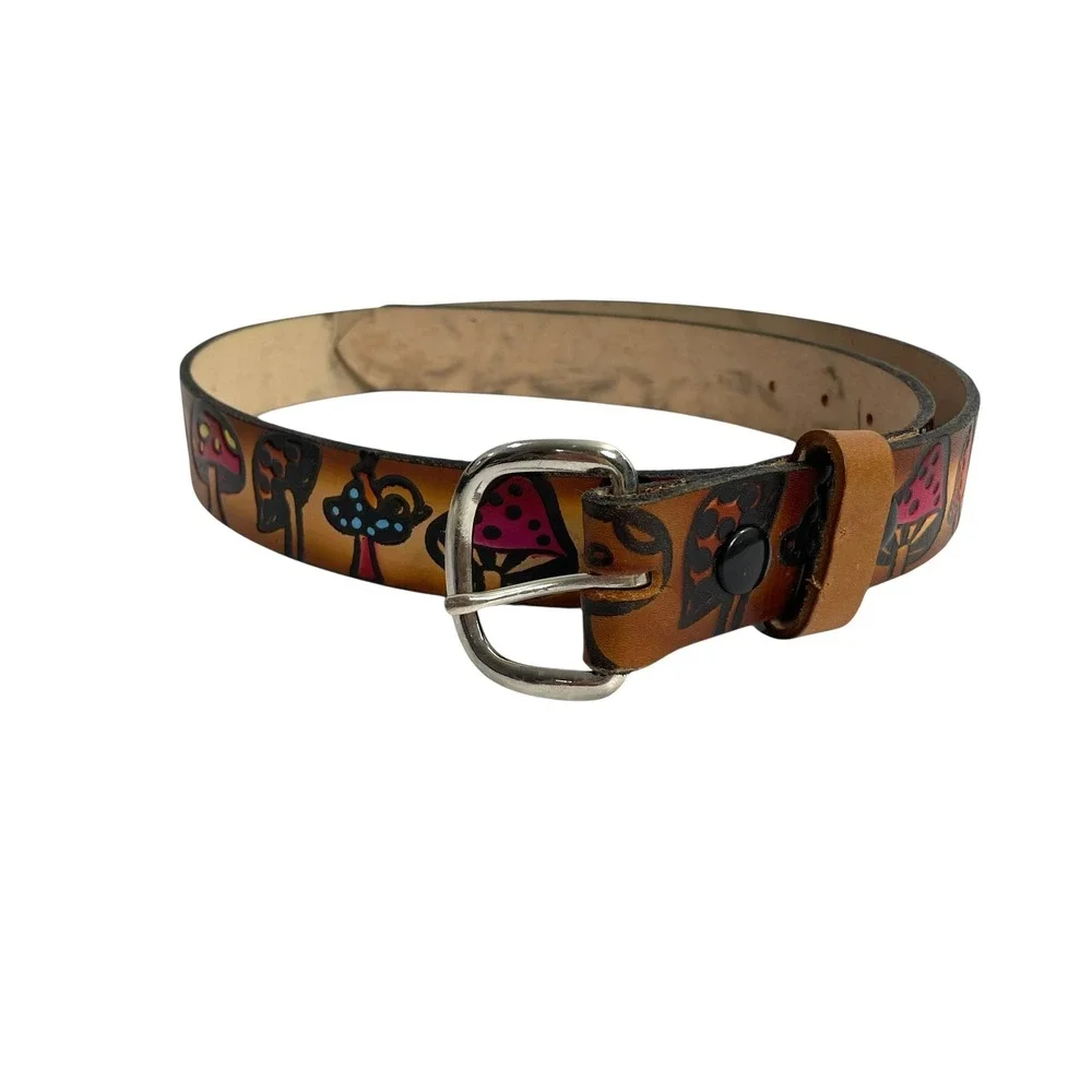 Leather handcraft tooled mushroom snails belt Whimsical western boho made in USA